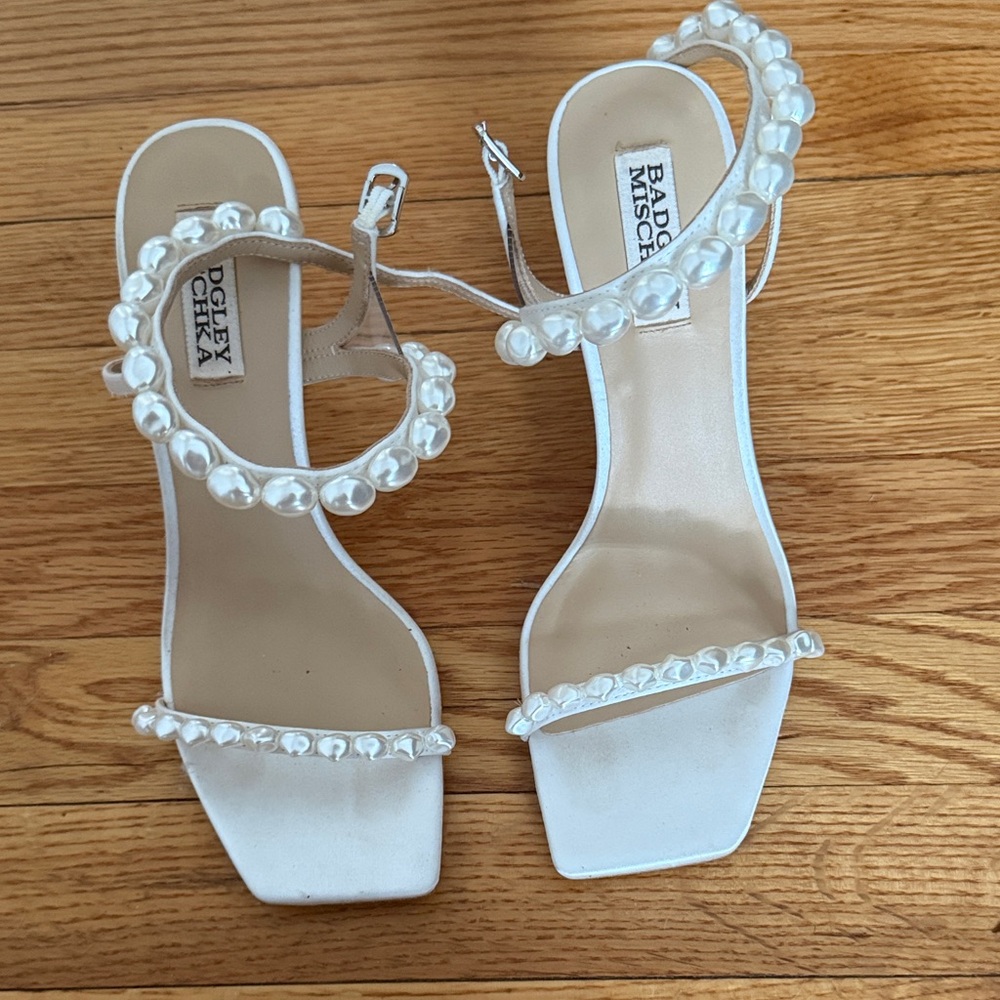 Badgley Mischka White Pearl-Trim Strappy Heels
